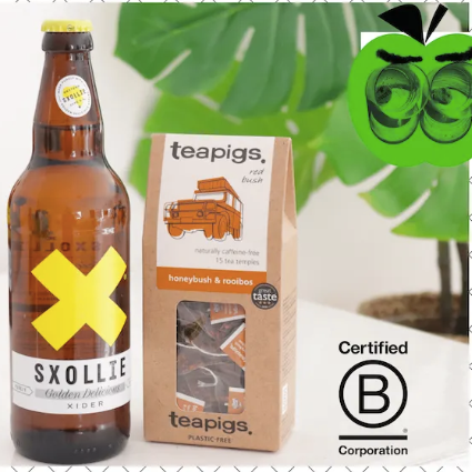 SXOLLIE cider and teapigs tea bags, b corp
